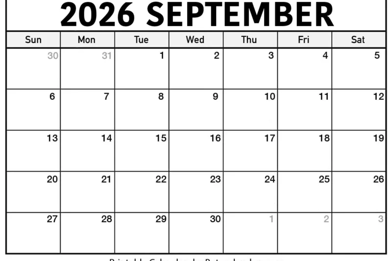 Free Printable September 2026 Calendar