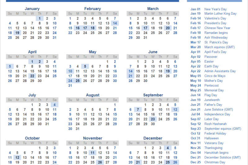2026 Calendar With Holidays Printable
