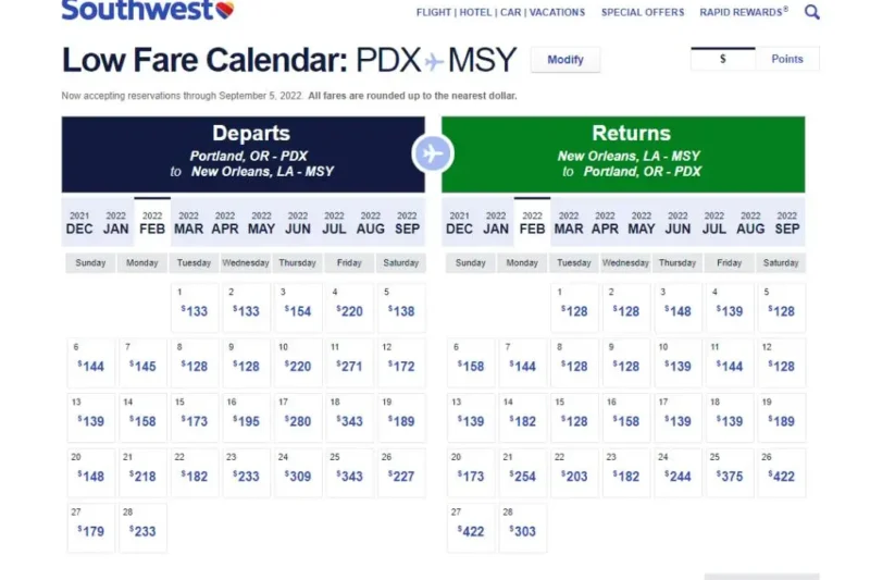Southwest Low Fare Calendar 2026