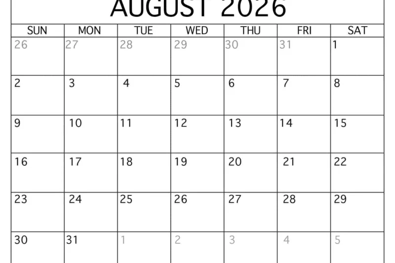 August 2026 Calendar Printable Free