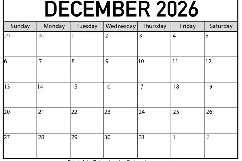 Free Printable December 2026 Calendar