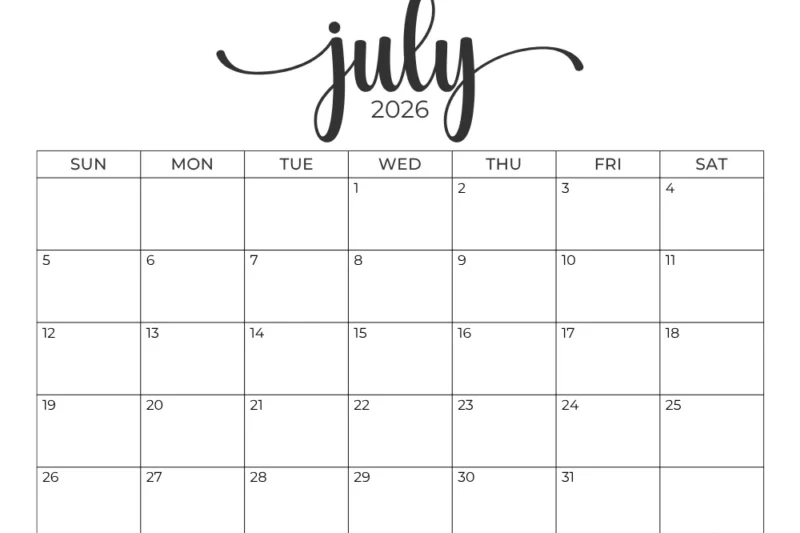 July 2026 Calendar Printable Free