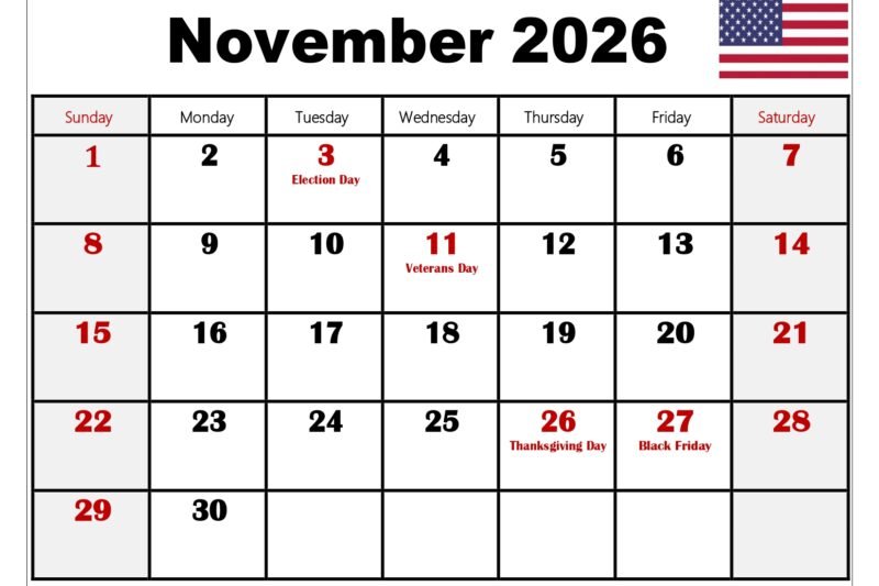 November Calendar 2026 With Holidays