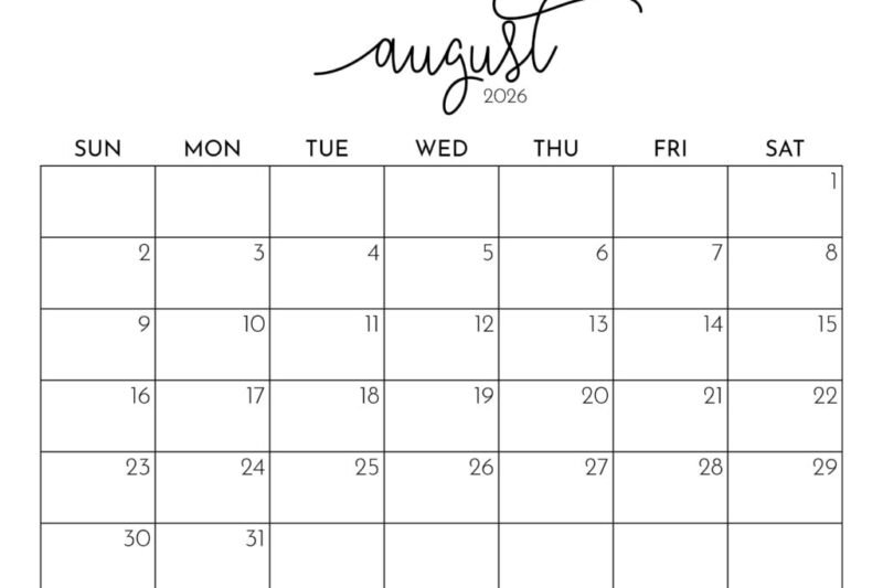 Blank August 2026 Calendar Printable Pdf