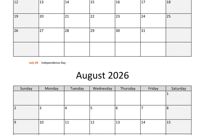 July And August 2026 Calendars