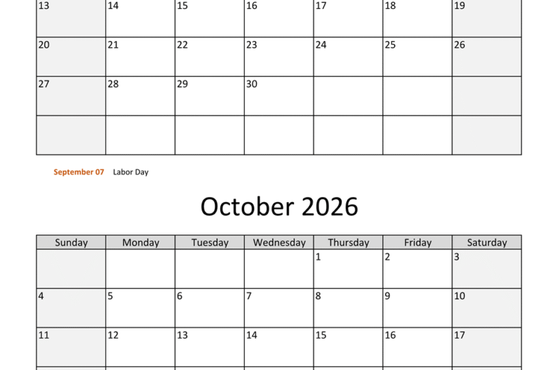 September And October 2026 Calendar