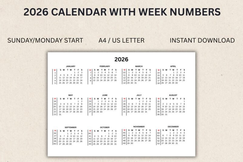 2026 Calendar With Week Numbers Pdf